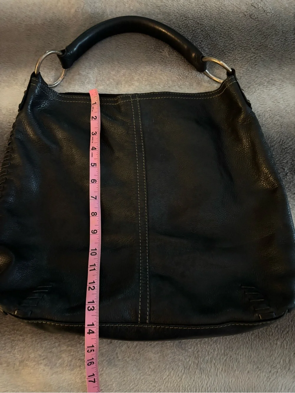 Lucky Brand Black Leather StuddedHobo Bag Whipstitch Slouchy Shoulder Purse